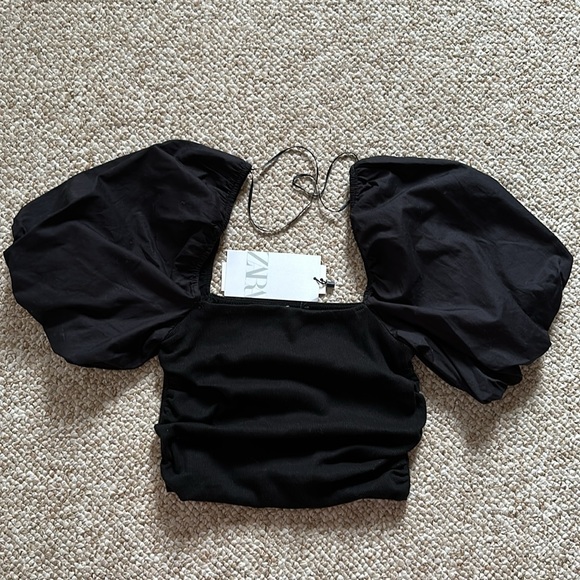 NWT Zara adorable black puff sleeve cotton crop top - Picture 3 of 13